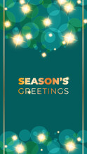 Season's Greetings Card Vector Template. Golden Text On A Teal Bokeh Background With Sparkles. Backdrop For Web, Social Networks And Stories.