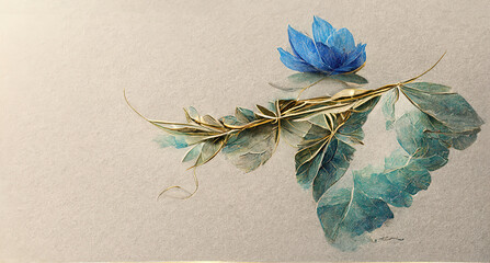 Sticker - Elegant gold and blue flowers and branches on a light background. Vintage floral decor for a postcard. fantasy plant 3d illustration