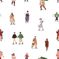 Poster - People on winter street, seamless pattern. Endless background, characters with gifts, bags, walking, shopping for Christmas. Repeating texture, print of Xmas rush. Flat vector illustration for decor