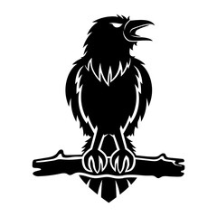 Sticker - Raven on branch icon on white background.