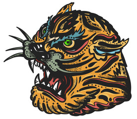 Wall Mural - Tiger head portrait. Hand drawn graphic. Aggressive wild cat. Old school tattoo vector art