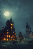 Fototapeta Londyn - Fantasy castle on a full moon night.	