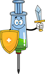 Wall Mural - Medical Syringe Vaccine Cartoon Character Holding Up A Sword And Shield. Hand Drawn Illustration Isolated On Transparent Background