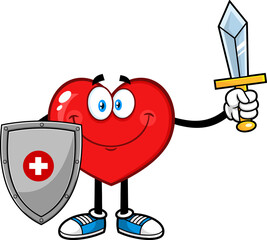 Wall Mural - Healthy Red Heart Cartoon Character Holding Up A Sword And Shield. Hand Drawn Illustration Isolated On Transparent Background