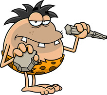Toothy Caveman Cartoon Character Ready To Writing. Hand Drawn Illustration Isolated On Transparent Background