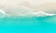 The Ecology Aerial View To Waves In Ocean Splashing Waves. Blue Clean Wavy Sea Water Background