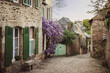 Picturesque street of the medieval town of Dinan in spring in France, Brittany. Blooming wisteria on a medieval street. The fabulous city of Dinant, a popular tourist destination in France