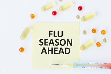 Wall Mural - Concept words Flu season ahead. Medical and Coronavirus COVID-19 protection concept