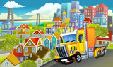 Fototapeta  - cartoon industrial truck through the city illustration