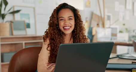 Wall Mural - Business, happy black woman and laptop planning report or email communication online. Portrait of corporate girl smile, research strategy development and reading internet article in company office