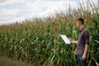 © Ruslan Ivantsov - young agronomist holds a paper chart in his hands and analyzes the corn crop