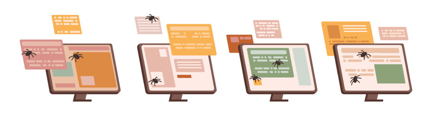 Wall Mural - displays with software interface and bugs, isolated laptops or computers with problems needs to be f