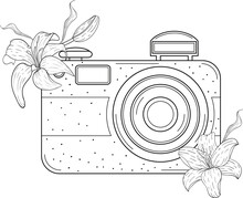 Vector Illustration In Doodle Style. Photo Camera With Flowers And Leaves. Camera Diagram.