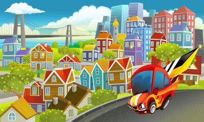 Wall Mural - cartoon sports car speeding in the city illustration