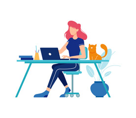 Wall Mural - Distant worker using laptop for work. Isolated woman working from home. Freelancer completing projects. Personage or character, vector in flat cartoon style