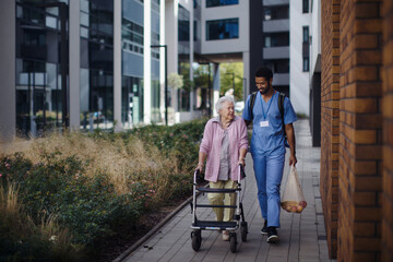 Happy caregiver caming back from grocery with his senior woman client.