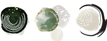Set Of Round Watercolor Abstract Colorful Backgrounds Green Grey Ink, Contemporary Modern Design. Vector Golden Spots, Drops, Curves, Lines