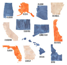 Watercolour Illustration Set Of Part Of U.S. States In Alphabetical Order In Blue, Orange And Light Brown Color Scheme: Alabama, Alaska, Arizona, Arkansas, California, Colorado, Connecticut, Etc.