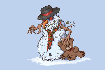 Wall Mural - Evil Snowman Illustration | Bad Snowman Illustrations | Snowman SVG | Snowman Clipart | Evil Snowman Vector | Evil Snowman Carrying Teddy Bear