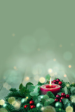 Fototapete - Burning Advent Candle - Abstract Christmas Background - First Advent Sunday -  Vertical, upright format with copy space