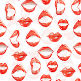 Fototapeta Pokój dzieciecy - Red lips dialogue conversation speech watercolor seamless pattern. Template for decorating designs and illustrations.