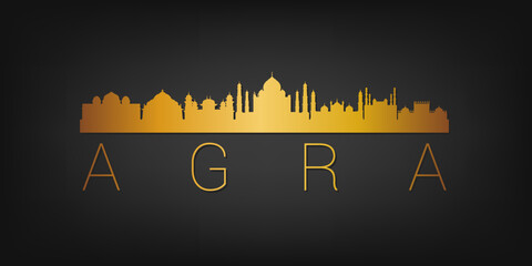 Agra, Uttar Pradesh, India Gold Skyline City Silhouette Vector. Golden Design Luxury Style Icon Symbols. Travel and Tourism Famous Buildings.