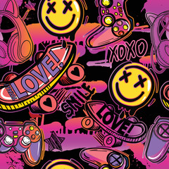 Abstract seamless Grunge girlish pattern with skateboards,  headphones, game pads and graffiti background.  Repeat print for girl, fashion textile, sport clothes.