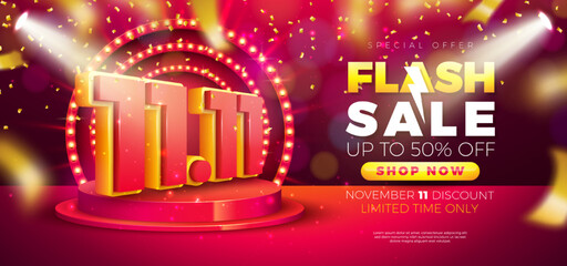 Wall Mural - 11 November Shopping Day Flash Sale Design with 3d 11.11 Number and Stage Podium on Red Background. Vector Special Offer Illustration for Coupon, Voucher, Banner, Flyer, Promotional Poster, Invitation