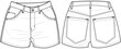 © SQB Creation  - denim shorts flat sketch front and back view technical cad drawing template, womens five pocket denim jean short pant vector illustration template. isolated on white background.