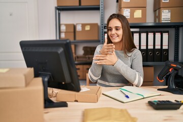 Canvas Print - Young blonde woman ecommerce business worker having online deaf language conversation at office