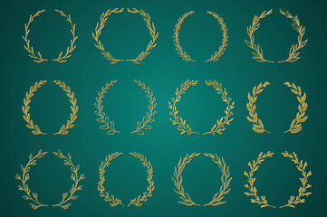 Poster - Gold ornamental branch wreathes set in hand drawn design. Laurel leaves wreath and decorative branch bundle. Collection of differen herbs, twigs, flowers and plants curl elements. Vector decoration.