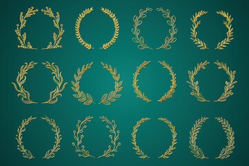 Poster - Gold ornamental branch wreathes set in hand drawn design. Laurel leaves wreath and decorative branch bundle. Different types of herbs, twigs, and plants curl vignetting elements. Vector decoration.