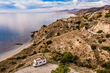 Wall Mural - Rv camper on spanish coast. Aerial view