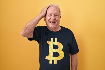 Sticker - Senior man with grey hair wearing bitcoin t shirt smiling confident touching hair with hand up gesture, posing attractive and fashionable