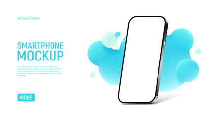 Realistic smartphone mockup template. Template of cell phone with blank display isolated on white background with abstract 3d morphing colorful blobs. Side view on mobile device. Vector.