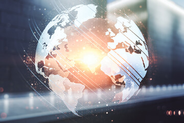 Wall Mural - abstract creative digital world map on blurry contemporary office building background, globalization