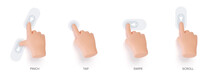 Hand Touchscreen Gestures. Vector 3d Hands Actions Icons On Touch Screens Like Swipe, Scroll, Pinch, Tap, Zoom And Slide Touch. Vector 3d Set