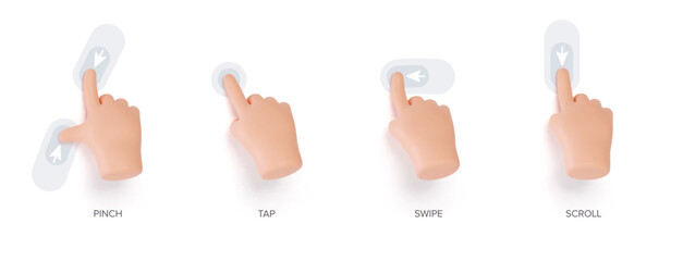 hand touchscreen gestures. vector 3d hands actions icons on touch screens like swipe, scroll, pinch,