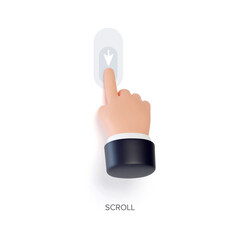 Wall Mural - hand touchscreen gesture. vector 3d hand actions icon on touch screen like scroll down. touchscreen 