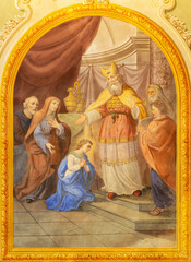 Wall Mural - COURMAYEUR, ITALY - JULY 12, 2022: The fresco of Virgin Mary in the Temple in church Sanctuary of Notre Dame de Guerison by Giuseppe Stornone (1816 - 1890).