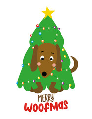 Poster - Merry Woofmas - Calligraphy phrase for Christmas. Hand drawn lettering for Xmas greeting cards, invitation. Good for t-shirt, mug, gift, printing press. Adorable dachshund dog.