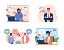 Recruiting Software Engineers 2D Vector Isolated Illustration Set. Flat Characters On Cartoon Background. Colourful Editable Scene Pack For Mobile, Website, Presentation. Bebas Neue Font Used