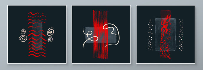 Wall Mural - Set of Abstract Hand Painted Illustrations for Postcard, Social Media Banner, Brochure Cover Design or Wall Decoration Background. Dark style, red accent. Modern Abstract Artwork. Vector Pattern