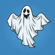 Sheet Ghost With Smile Halloween Cartoon Character Pinup Pop Art Retro Raster Illustration. Comic Book Style Imitation.