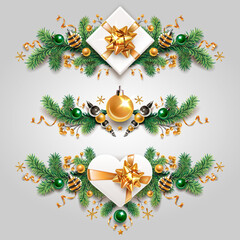 Wall Mural - Decorative border from a Christmas tree branches, gifts, ribbons and bells isolated on a light background. Frame template.
