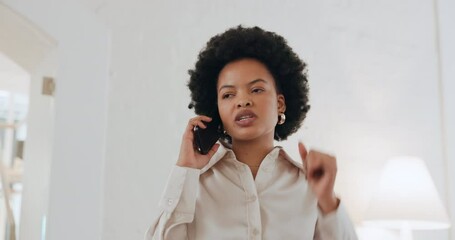 Wall Mural - Black woman, stress and phone call for business networking with customer, company finance debt or anxiety over schedule. Frustrated, problem or annoyed consultant worker with communication technology