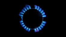 Lighting Up Blue Gas In A Gas Stove Top View, On A Black Background. Slow Motion