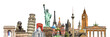 World landmarks and famous monuments collage isolated on panoramic transparent background, international travel, study and business