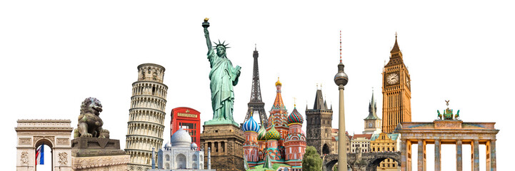 world landmarks and famous monuments collage isolated on panoramic transparent background, internati
