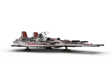 Wall Mural - 3D rendering of a science fiction fantasy fighter jet powered space ship parked on the ground isolated on a transparent background.